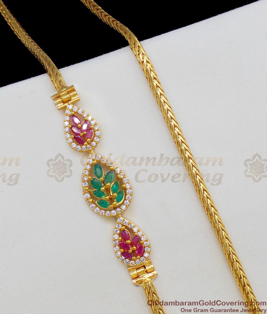 30 Inch Long Trendy Leaf Pattern Full Color Stones Gold Plated Side Pendant Chain For Ladies MCH402-LG