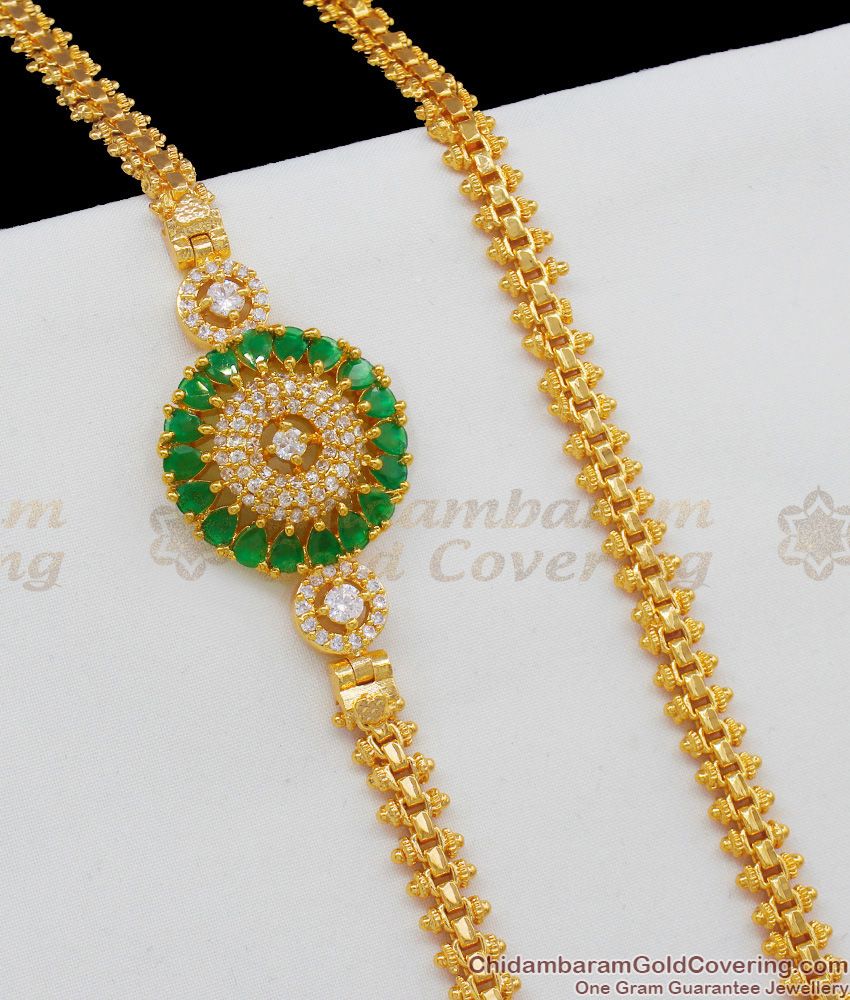 Circle Design Gold Plated Chain Mugappu Emerald White Stones MCH495