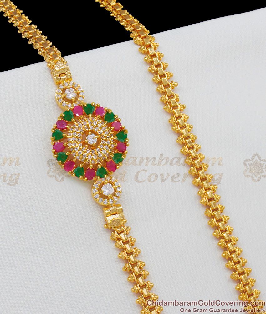 Impressive Big Circle Design Gold Plated Mugappu Chain With Multi Stones MCH496