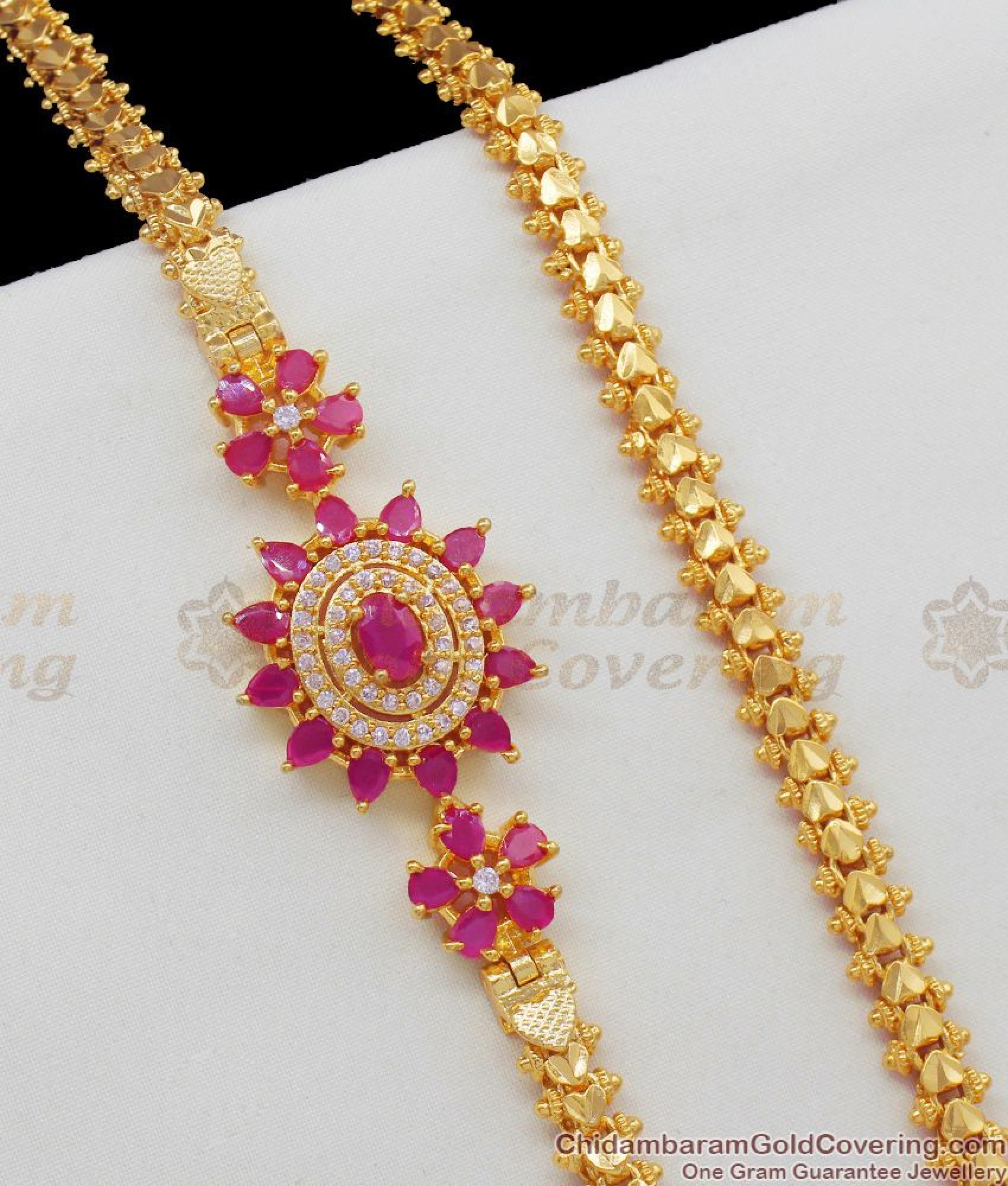 Ruby Chain Design Three Step Ruby Stone Flower Design Gold Plated Mopu Thick Chain For ...