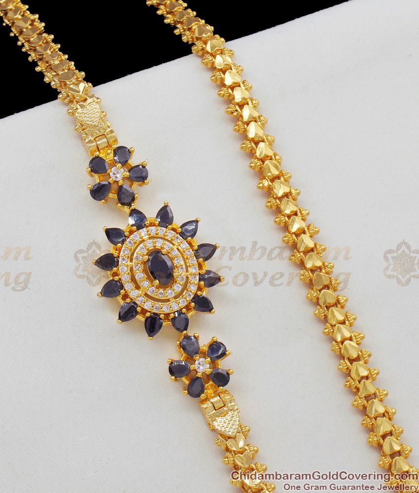 Creative Black AD Stone Flower Pattern One Gram Gold Mugappu Thali Chain Jewelry MCH514