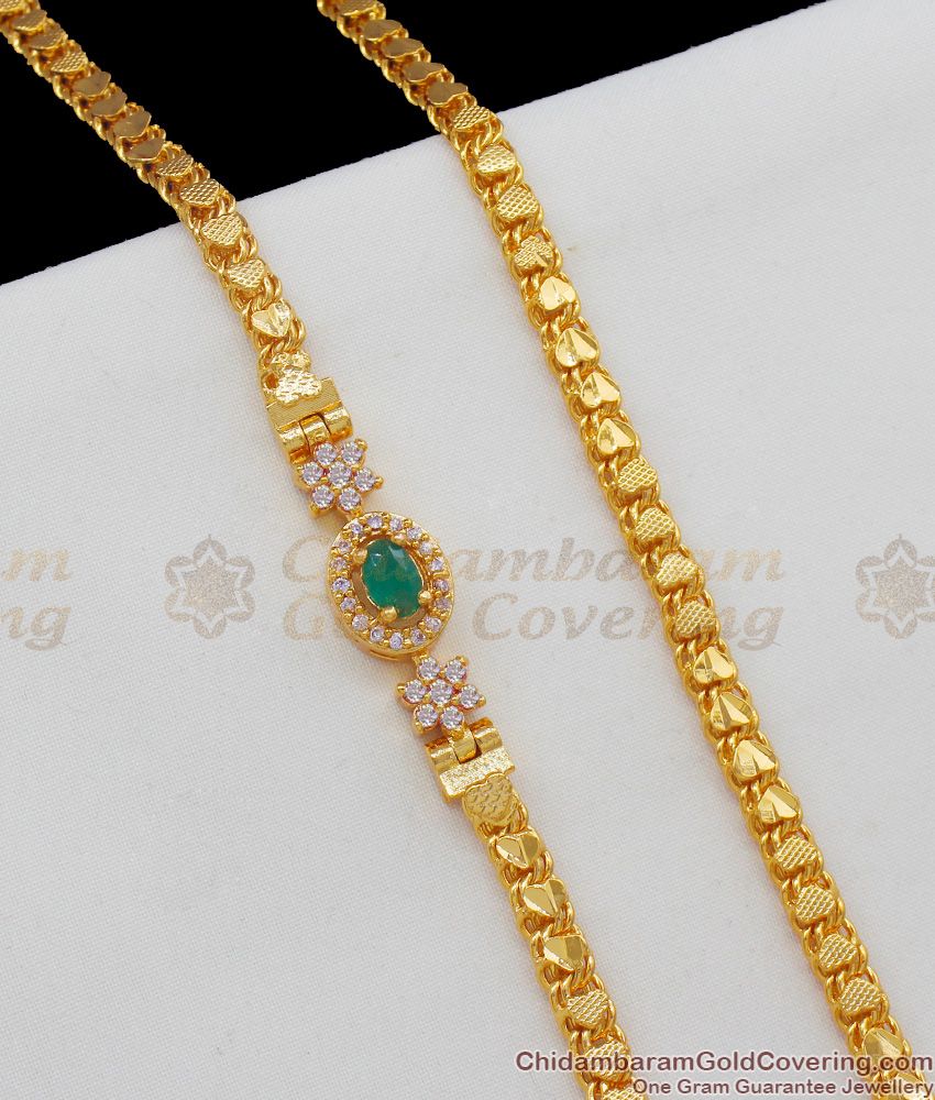 Attractive White Stone With Single Emerald Stone Gold Imitation Mopu Thali Chain For Ladies MCH517