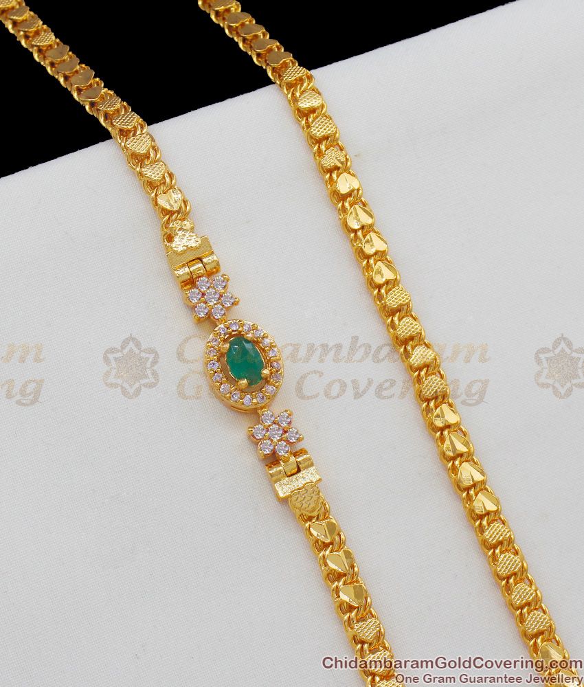 Attractive White Stone With Single Emerald Stone Gold Imitation Mopu Thali Chain For Ladies MCH517 Attractive White Stone With Single Emerald Stone Gold Imitation Mopu Thali Chain For Ladies MCH517
