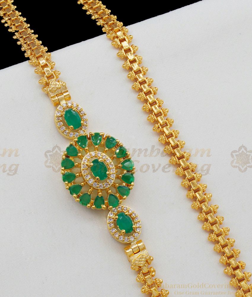 Green Saree Matching Emerald And AD Stone Gold Mogappu Side Pendant Collection MCH519