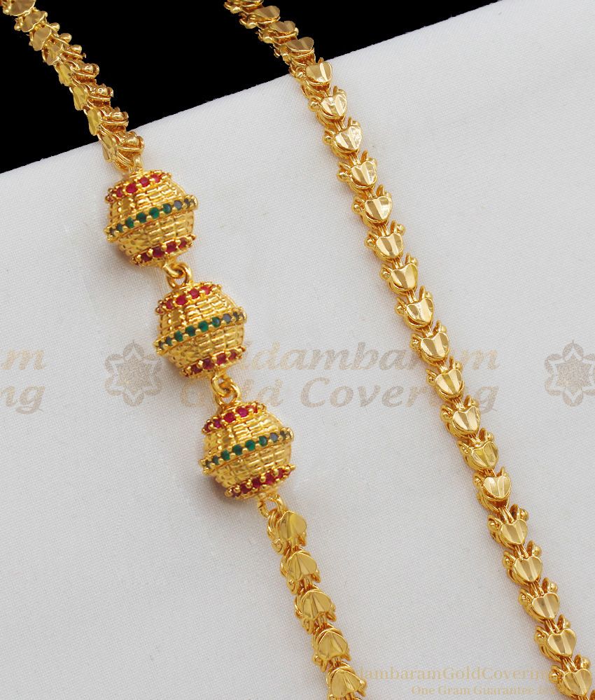 First Quality Ruby Emerald Stone Gold Plated Mugappu Ball Design Thali Chain Online MCH526
