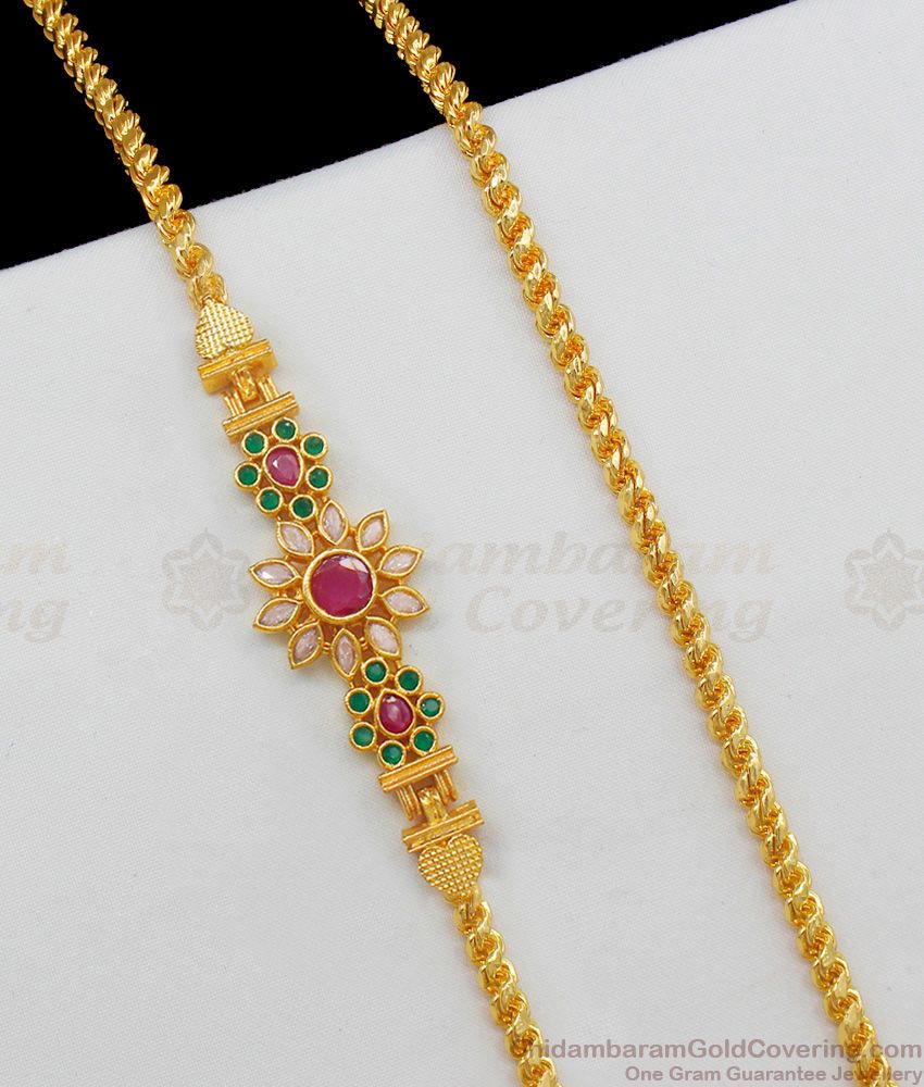 Flower Design Gold Plated With Multi Color Kemp Stone Mugappu Chain MCH552