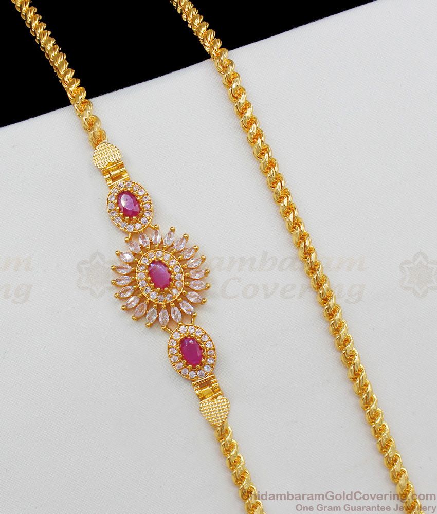 Beautiful Flower Design Gold Finish Mopu Thali Chain With AD Ruby Stones MCH554
