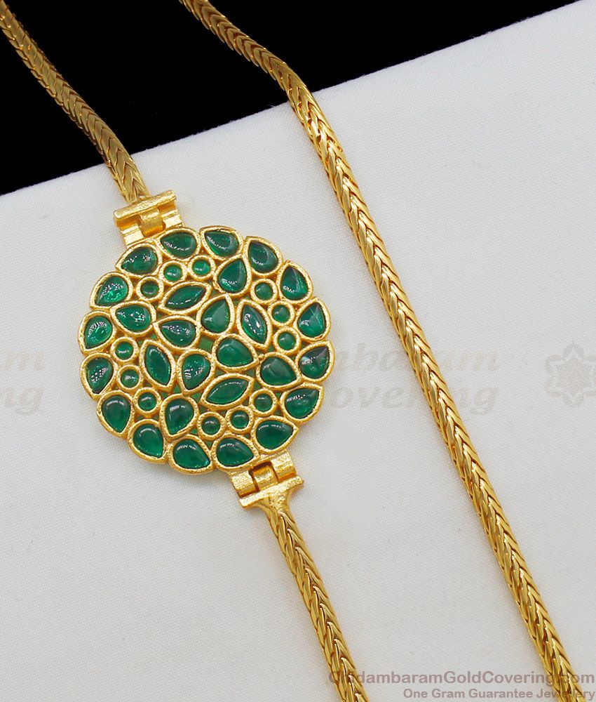 Big Circular Flower Model Side Pendant Gold Plated Chain Mugappu Emerald Stones MCH560