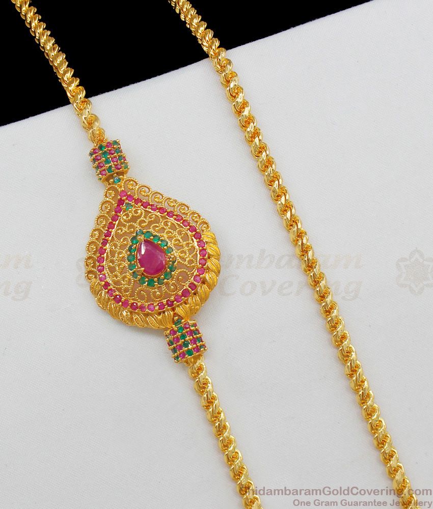 Majestic Feather Model Gold Side Pendant Chain With Pink And Green Stones MCH567