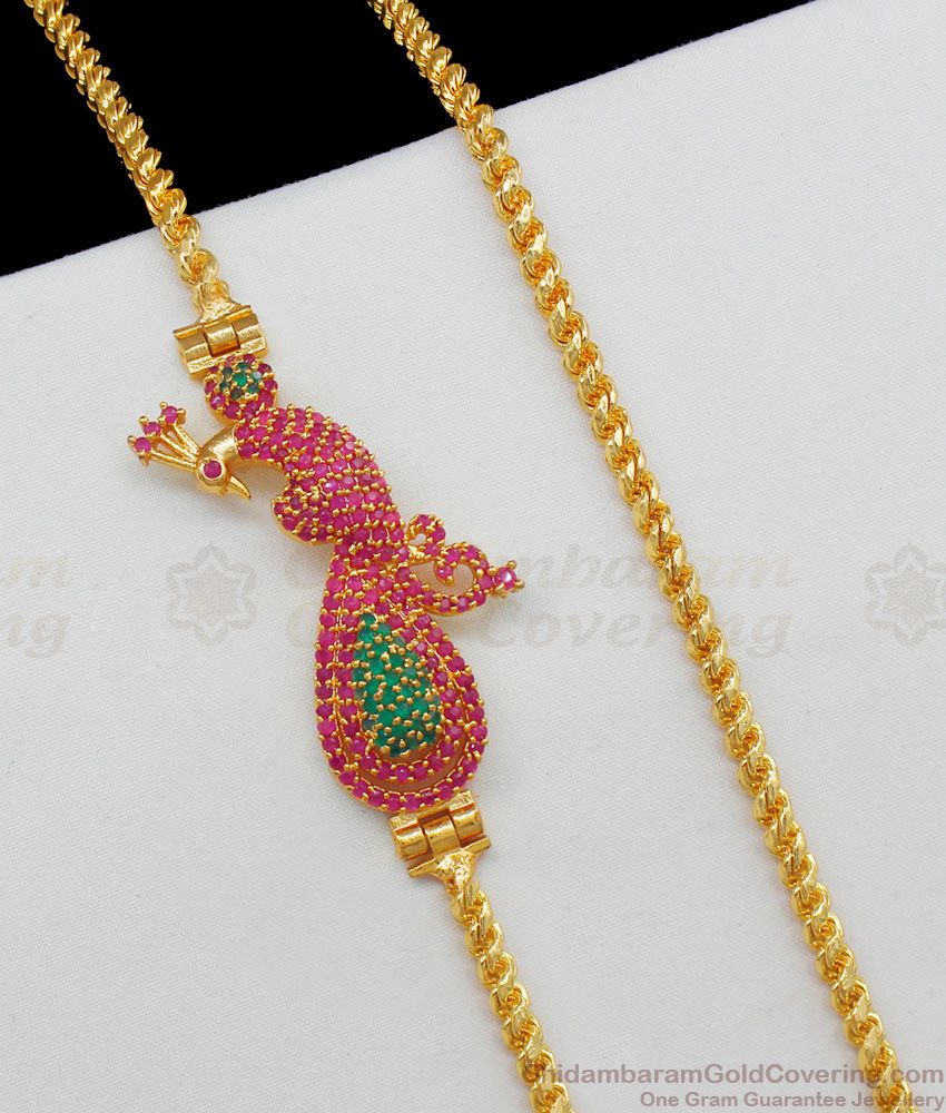 Grand Emerald Ruby Stone Gold Plated Peacock Side Pendant Chain For Daily Wear MCH570