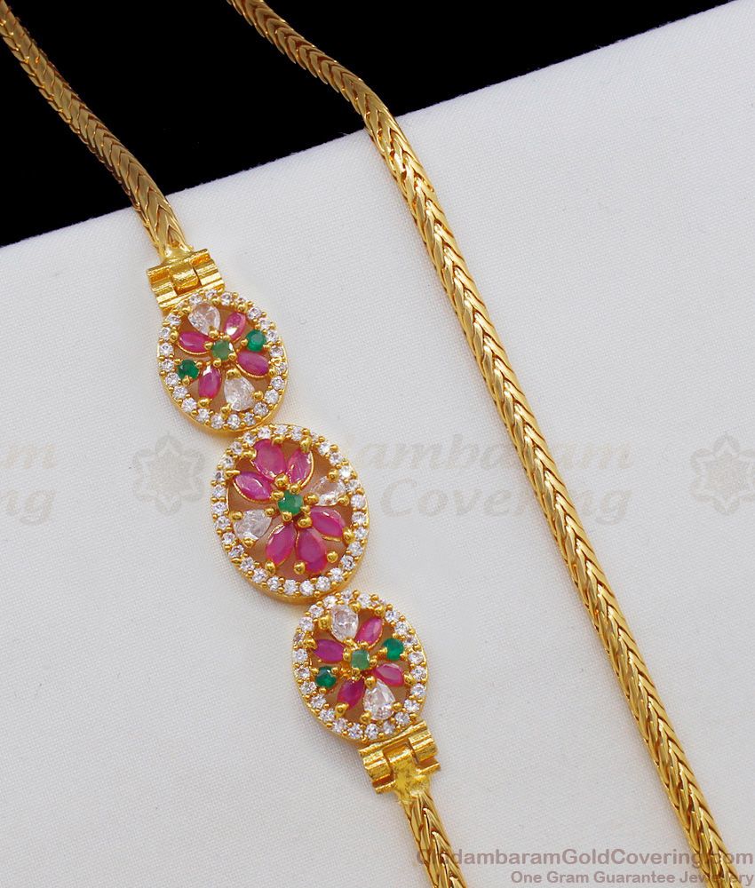 Latest Big Mugappu Multi Stone Diamond Side Pendant Thali Chain for Regular Wear MCH582