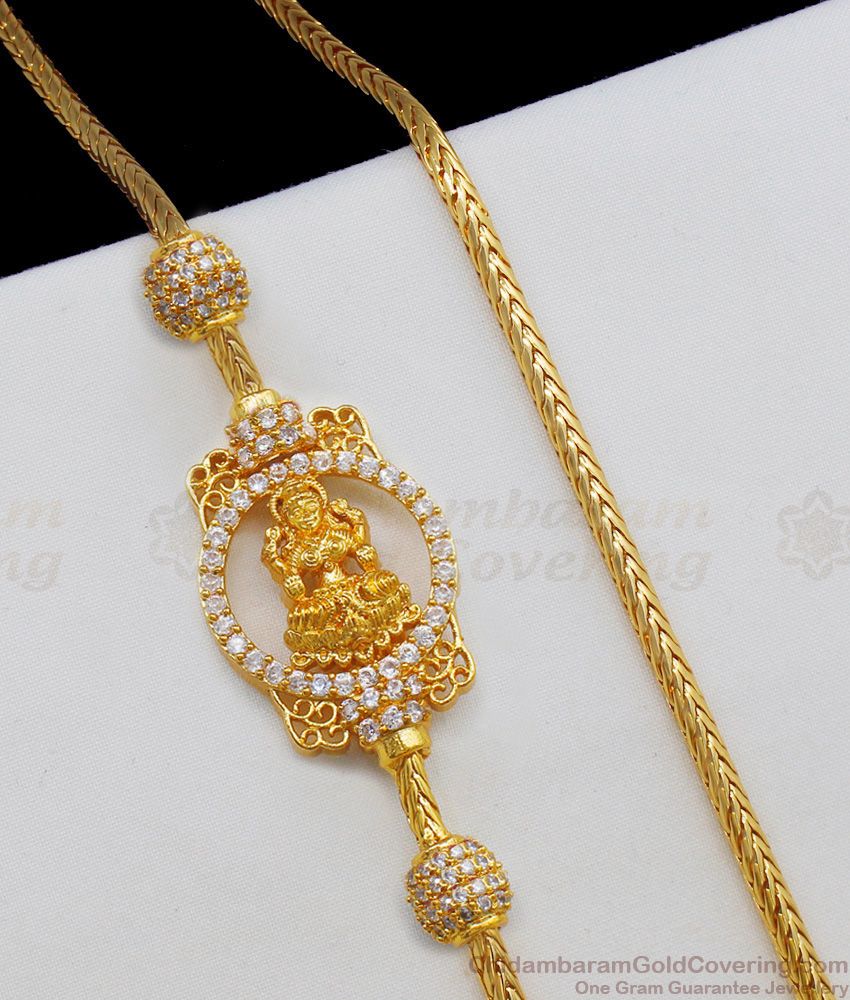 Real Gold Lakshmi White CZ Stones Traditional Side Pendant Chain MCH584