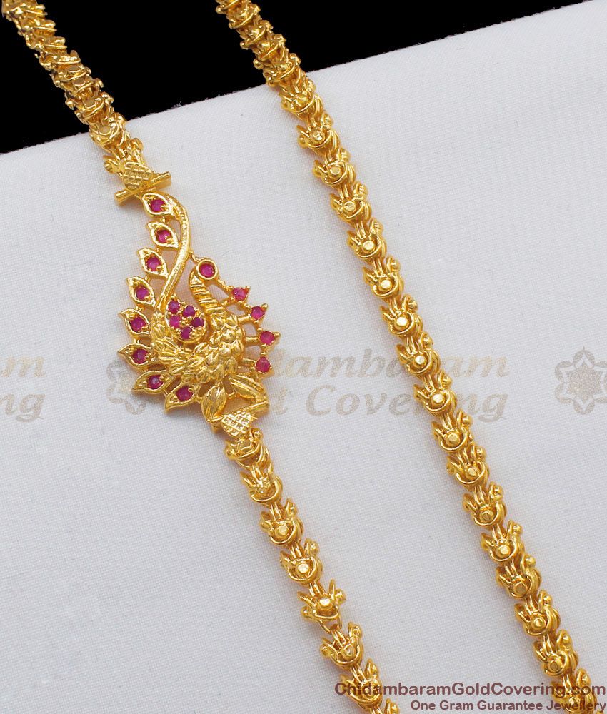 Fabulous Ruby Stone Peacock Pattern Mugappu Side Pendant Chain Design MCH606