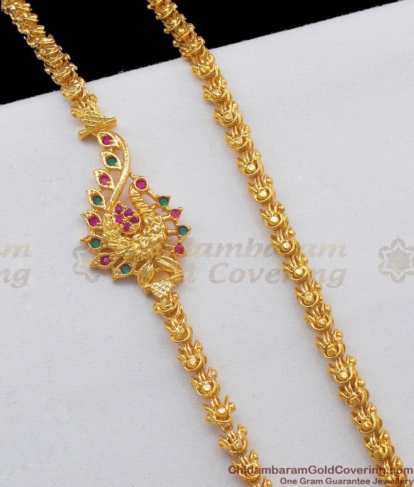 Aspiring Ruby Emerald Stone Peacock Model Gold Plated Side Pendant Chain MCH607