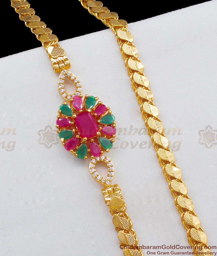 Fantastic Flower Design Gold Inspired Kemp Ruby Emerald And CZ Stones Side Pendant Chain MCH616