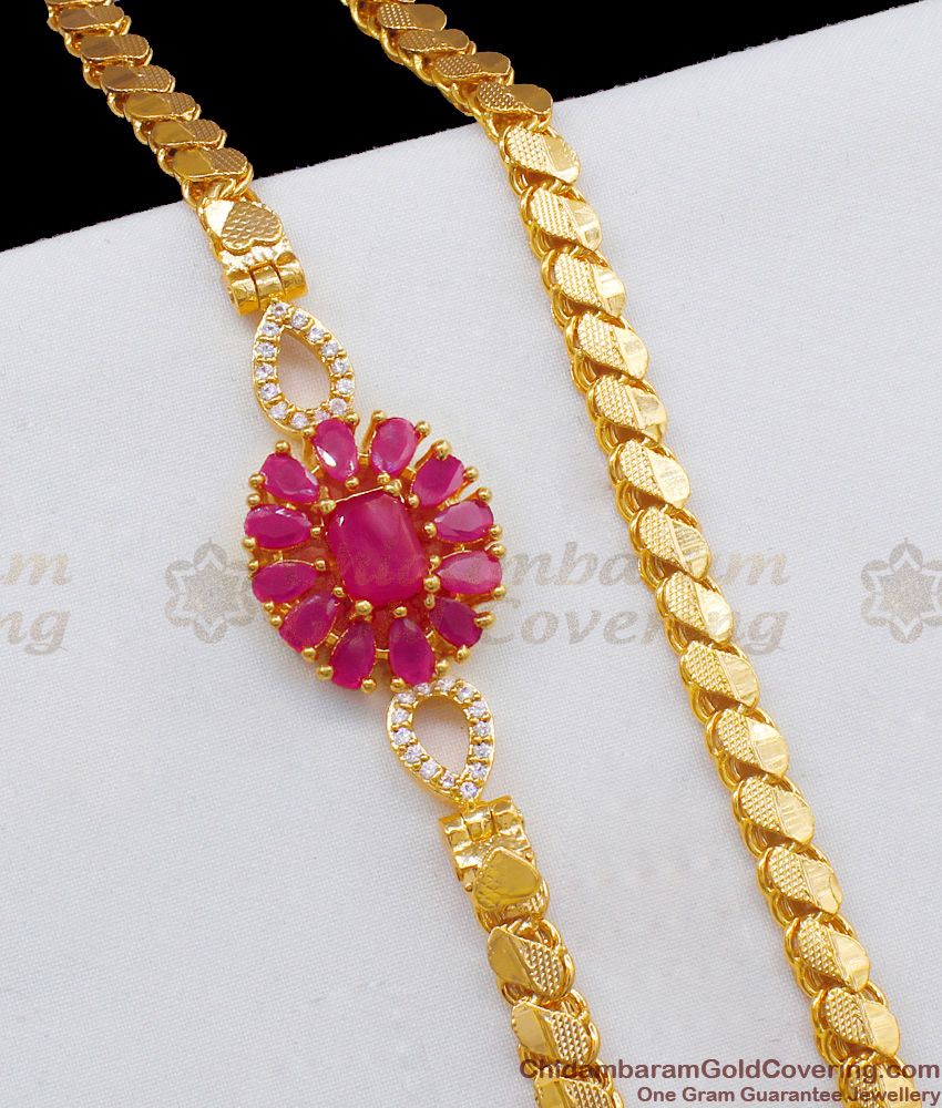 Beautiful Rose Flower Gold Imitation Ruby And CZ White Stones Side Pendant Chain MCH619