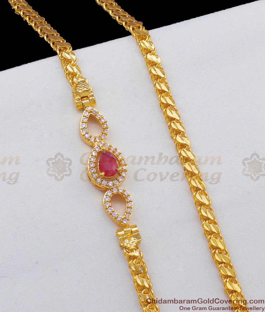 30 Inches Long Attractive Pink Ruby Stone With CZ White Stones Gold Mugappu Thali Kodi Collection MCH623