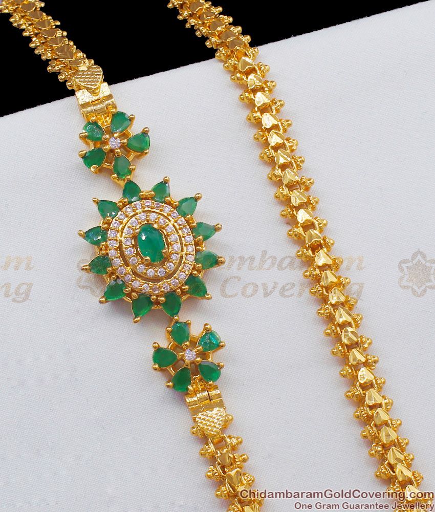 Very Amazing High Look Green Flower Gold Inspired Multi Stones Side Pendant Chain MCH626