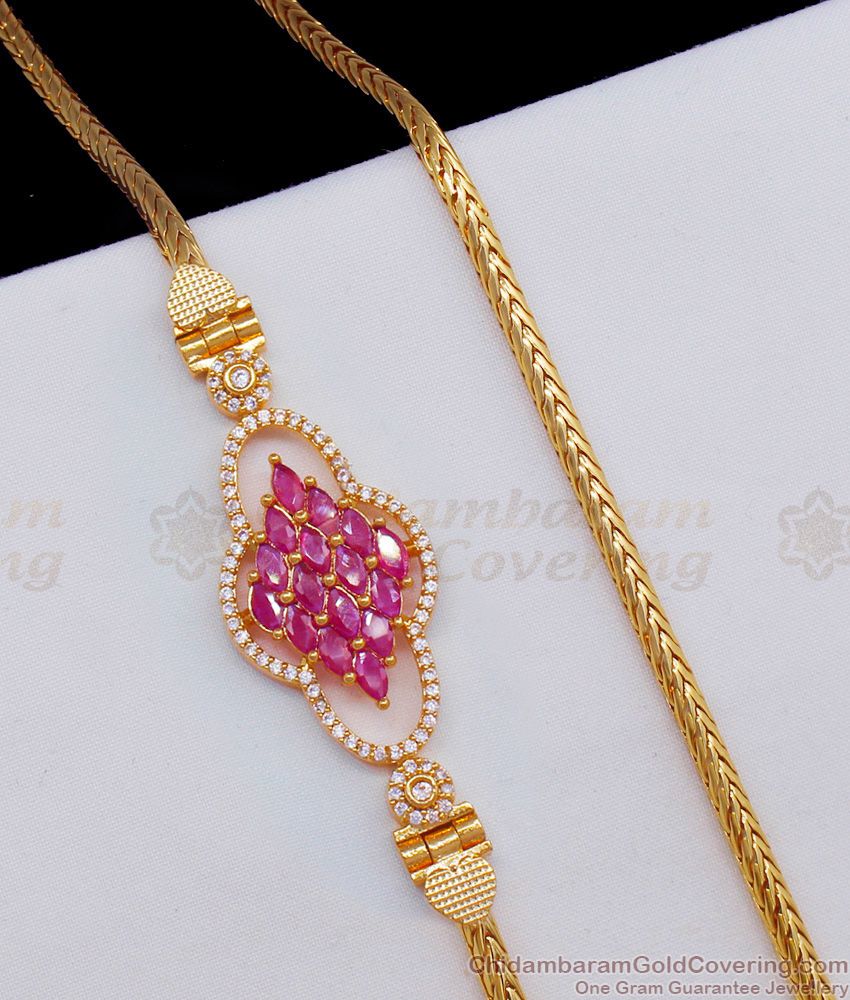 One Gram Gold Plated Mugappu Ruby White Stones Thali Chain Daily Wear MCH668