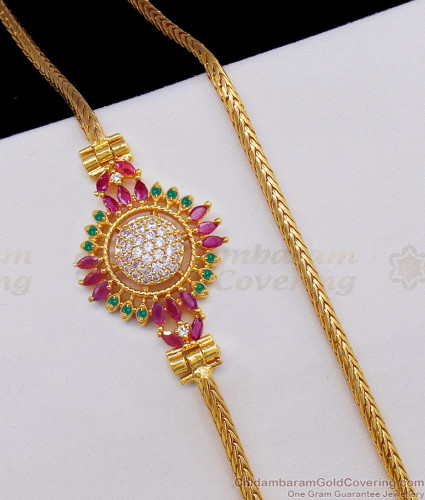 Trendy Flower Designed AD Stone Side Pendant Mugappu Thali Chain