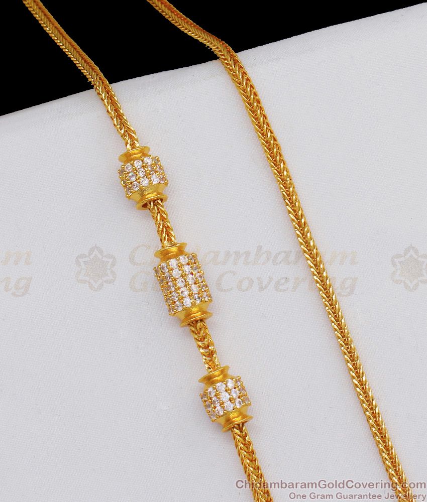 AD White Stone Cylinder Design Gold Mugappu Thali Chain Gold Plated Jewelry MCH699