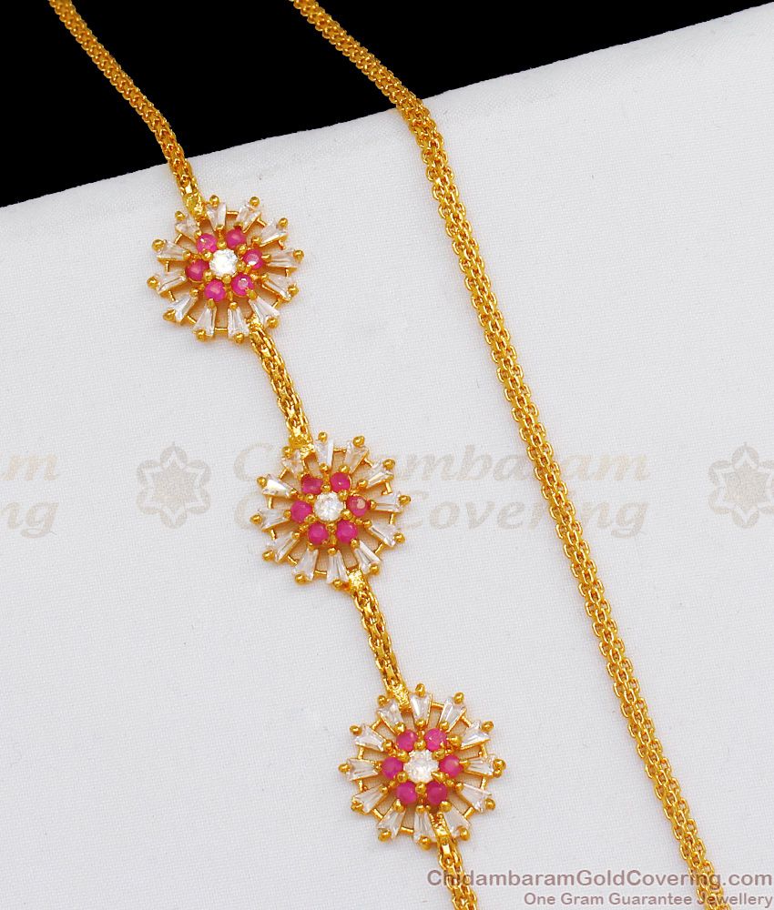 Ruby And White Stone Flower Design Gold Mugappu Thali Chain Gold Plated Jewelry MCH702
