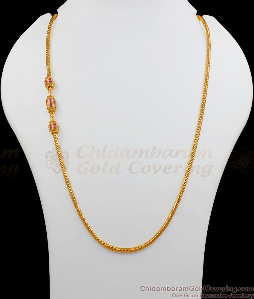 Elegant Ruby And White Stone Cylinder Design Gold Mugappu Design Thali Chain MCH719