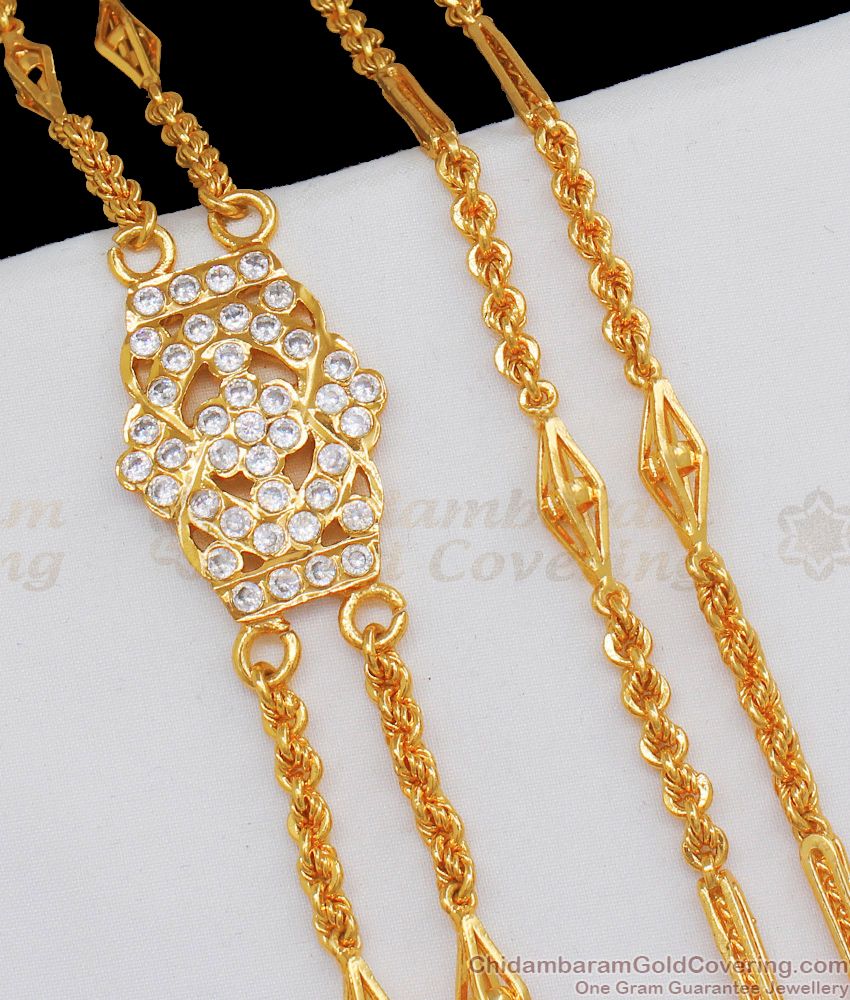 Traditional Gold Impon Mugappu Two Line Chain With White Stone Side Pendant Chain MCH722