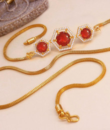Big Ruby Stone Mugappu Thali Gold Plated Chains MCH1301 Big Ruby Stone Mugappu Thali Gold Plated Chains MCH1301