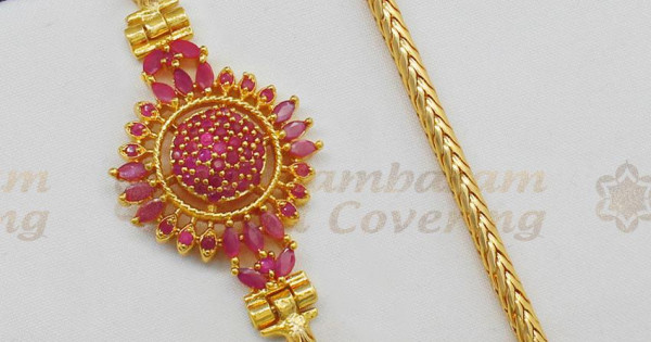 One Gram Gold Full Ruby Stone Mugappu Side Pendant Thali Chain For Women MCH460