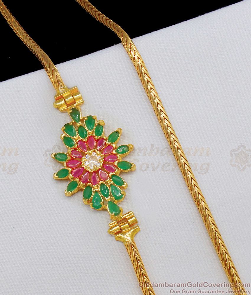 Beautiful Flower Design Multi Stone Gold Mugappu Design Side Pendant Chain MCH711