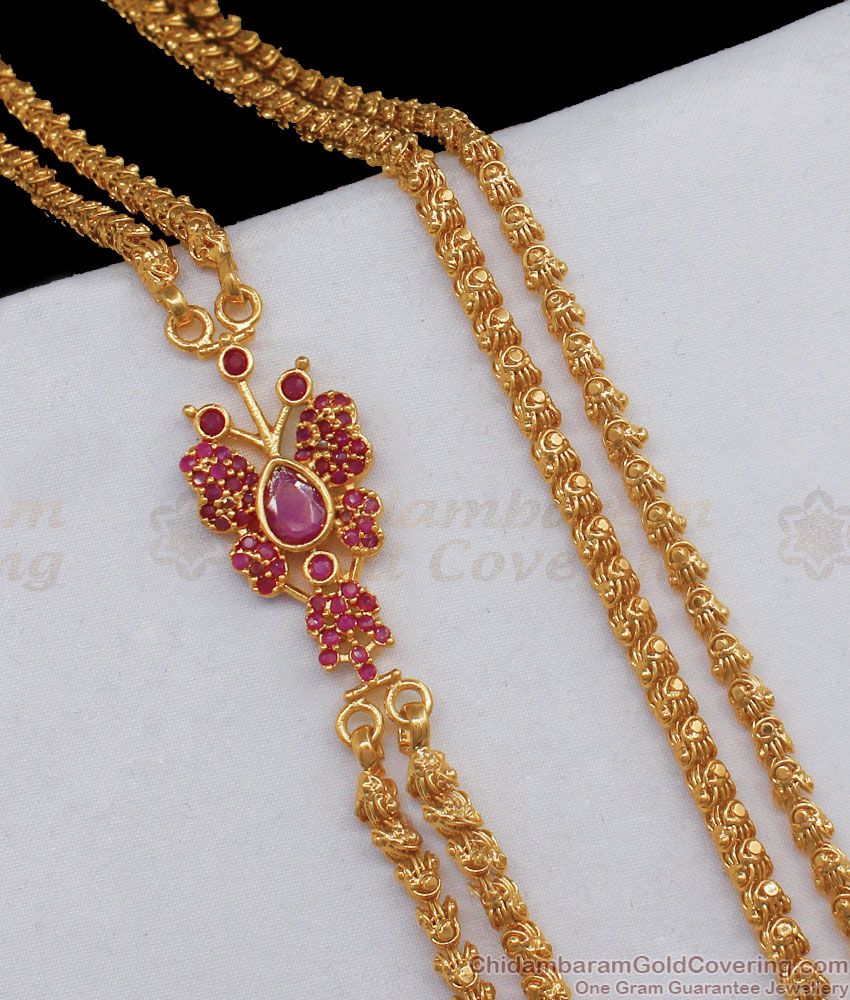 Attractive Ruby Butterfly Side Pendant Double Line Mugappu Chain MCH730