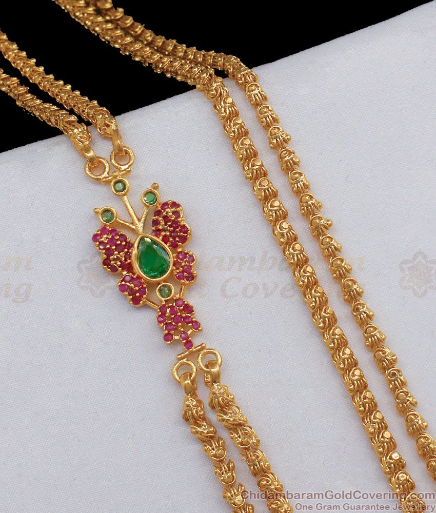 Iconic Ruby Emerald Butterfly Side Pendant Double Line Mugappu Chain MCH731