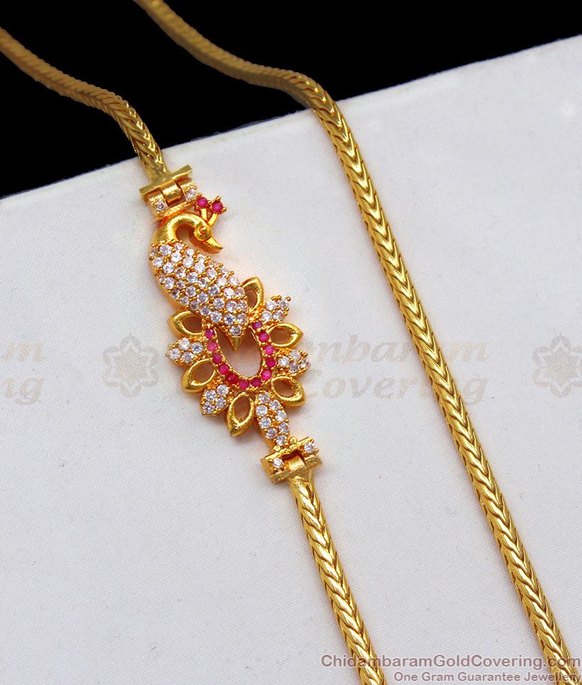 Ruby White Stone Peacock Gold Mugappu Chain For Married Womens MCH847