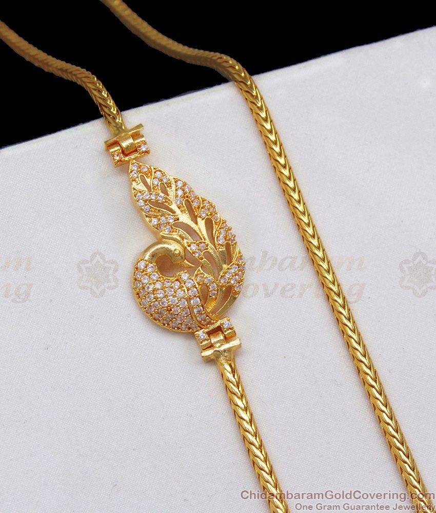 Dancing White Stone Peacock Gold Mugappu Chain For Married Womens MCH853