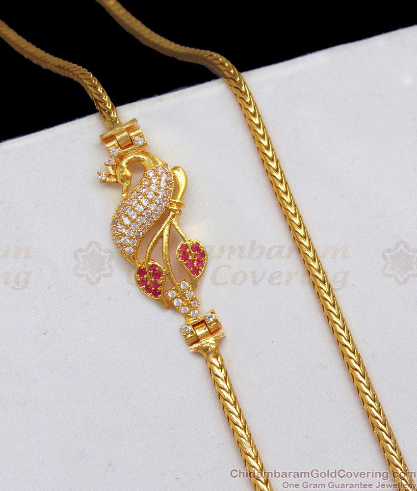 Latest  Collection Ruby White Stone Peacock Gold Mugappu Chain MCH858