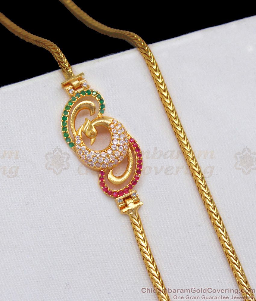 Multi AD Stone Peacock Gold Mugappu Chain With White Stone MCH864