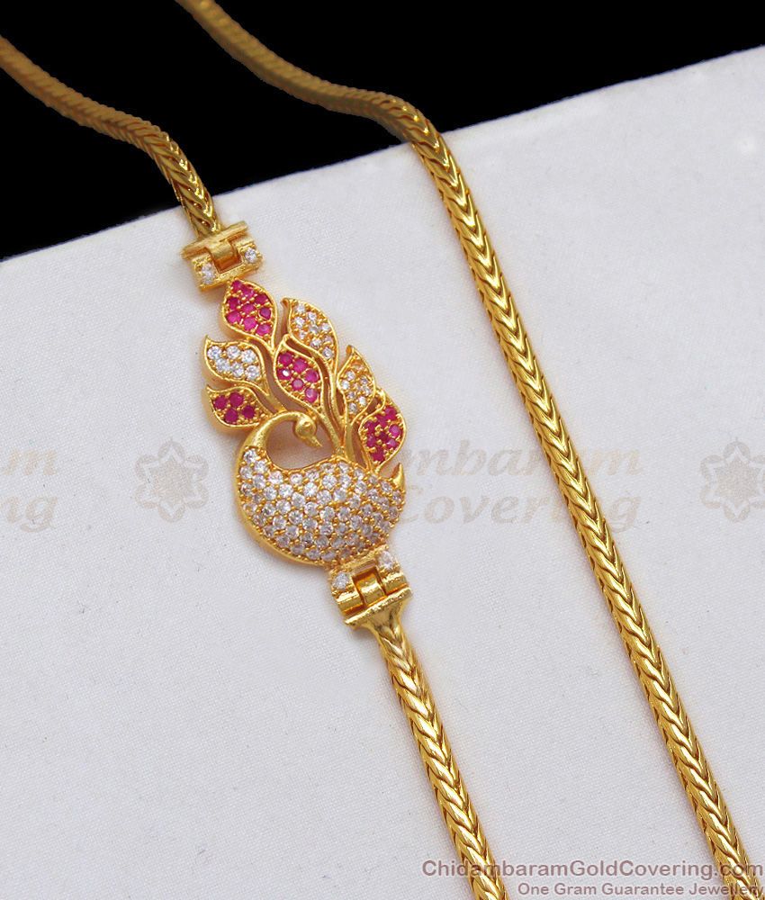 Dancing AD Ruby White Stone Peacock Gold Mugappu Chain MCH884