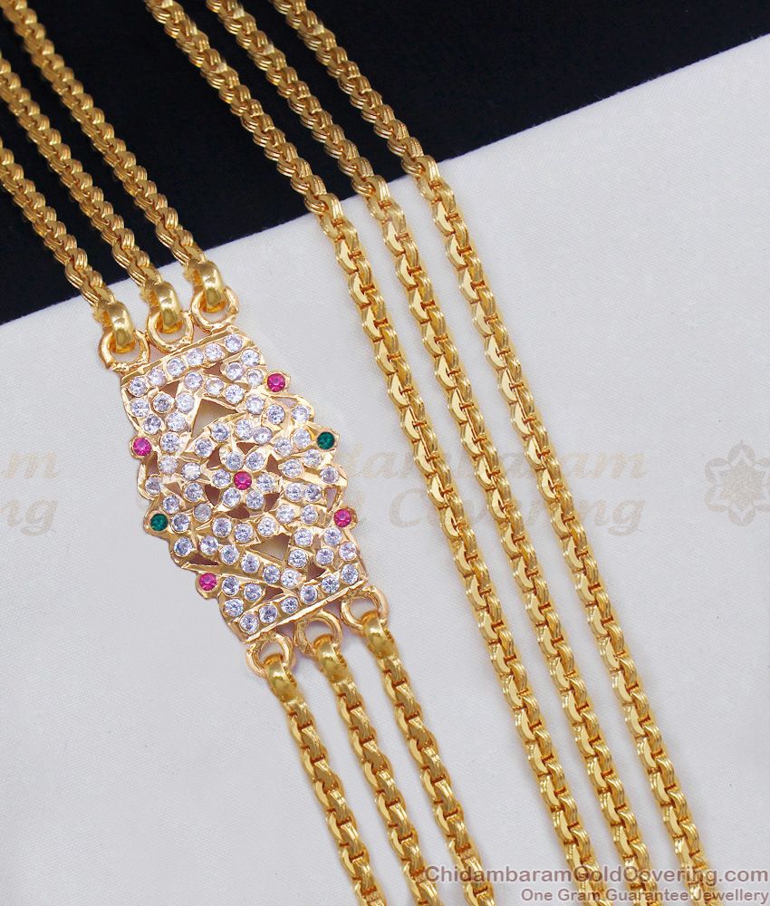 Fast Moving Three Line Impon Mugappu Chain With Stones Side Pendant Designs MCH886