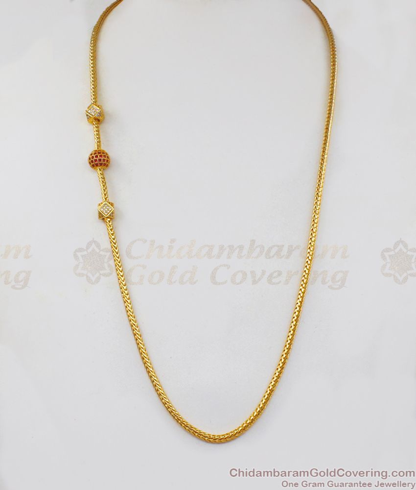 AD White Ruby Stone Horizontal Balls Gold Mugappu Chain MCH930