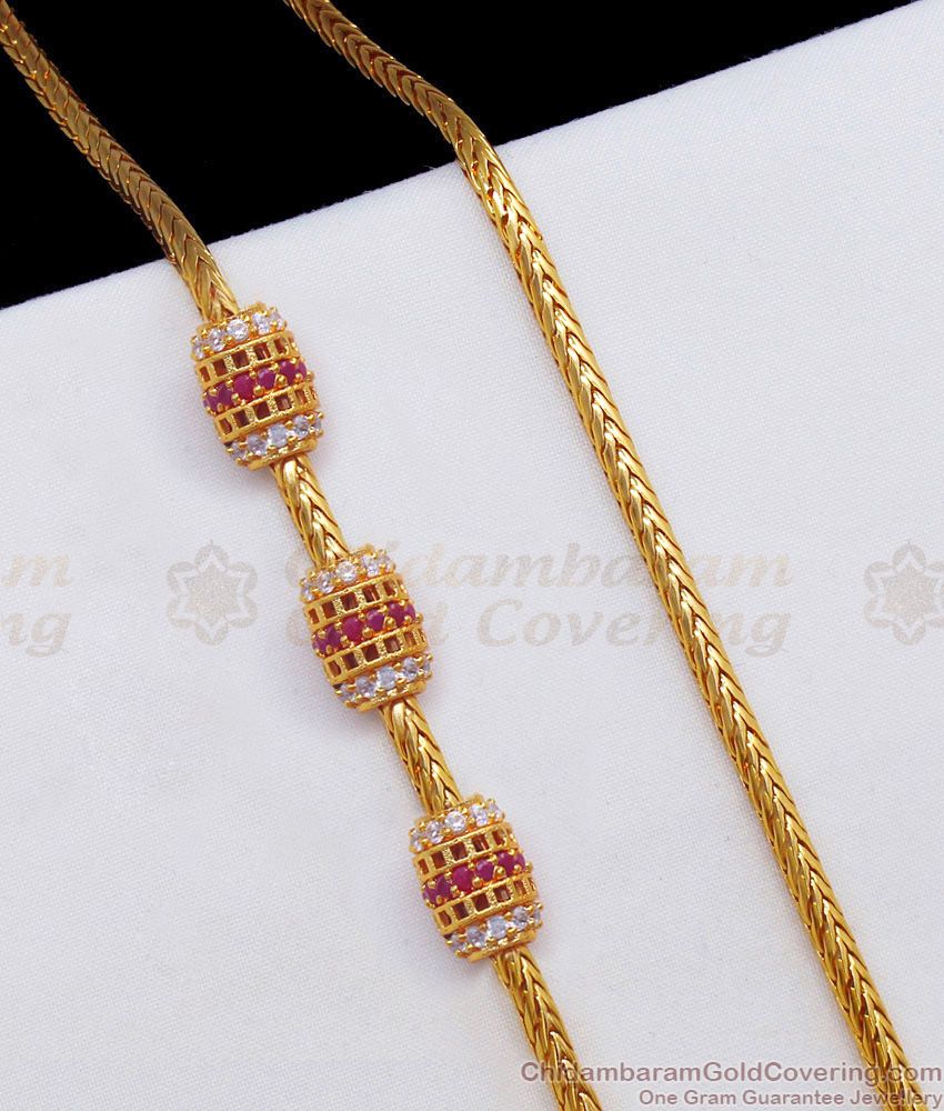 Cylindrical Shape AD Ruby White Stone Gold Mugappu Chain MCH931