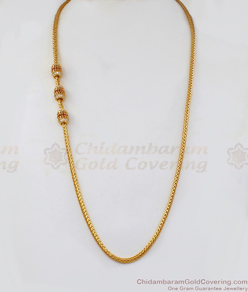 Cylindrical Shape AD Ruby White Stone Gold Mugappu Chain MCH931