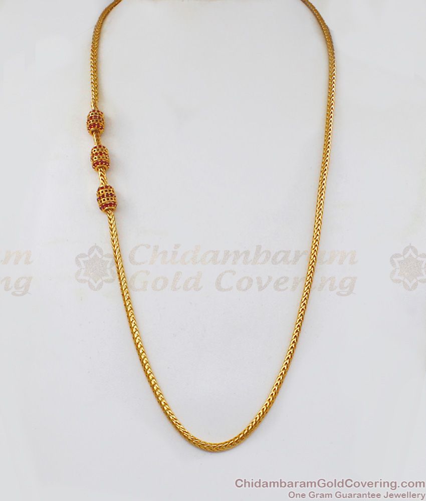 Full AD Ruby Stone Cylindrical Shape Gold Mugappu Chain MCH932