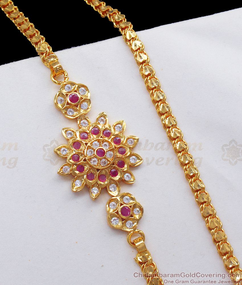 Unique Flower Design Ruby White Stone Impon Mugappu Gold Chain MCH943