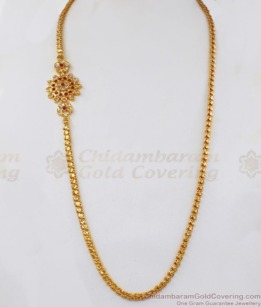 Unique Flower Design Ruby White Stone Impon Mugappu Gold Chain MCH943