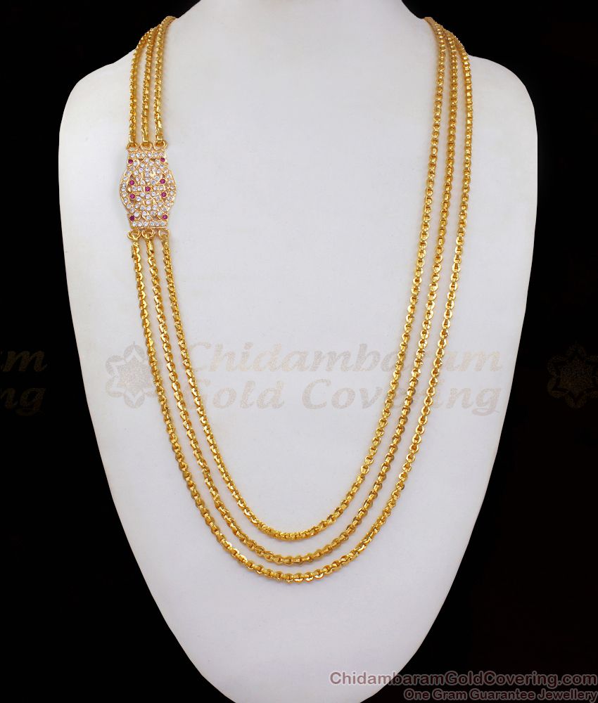 Triple Line Mogappu Gold Chain Real Impon Dollar MCH983