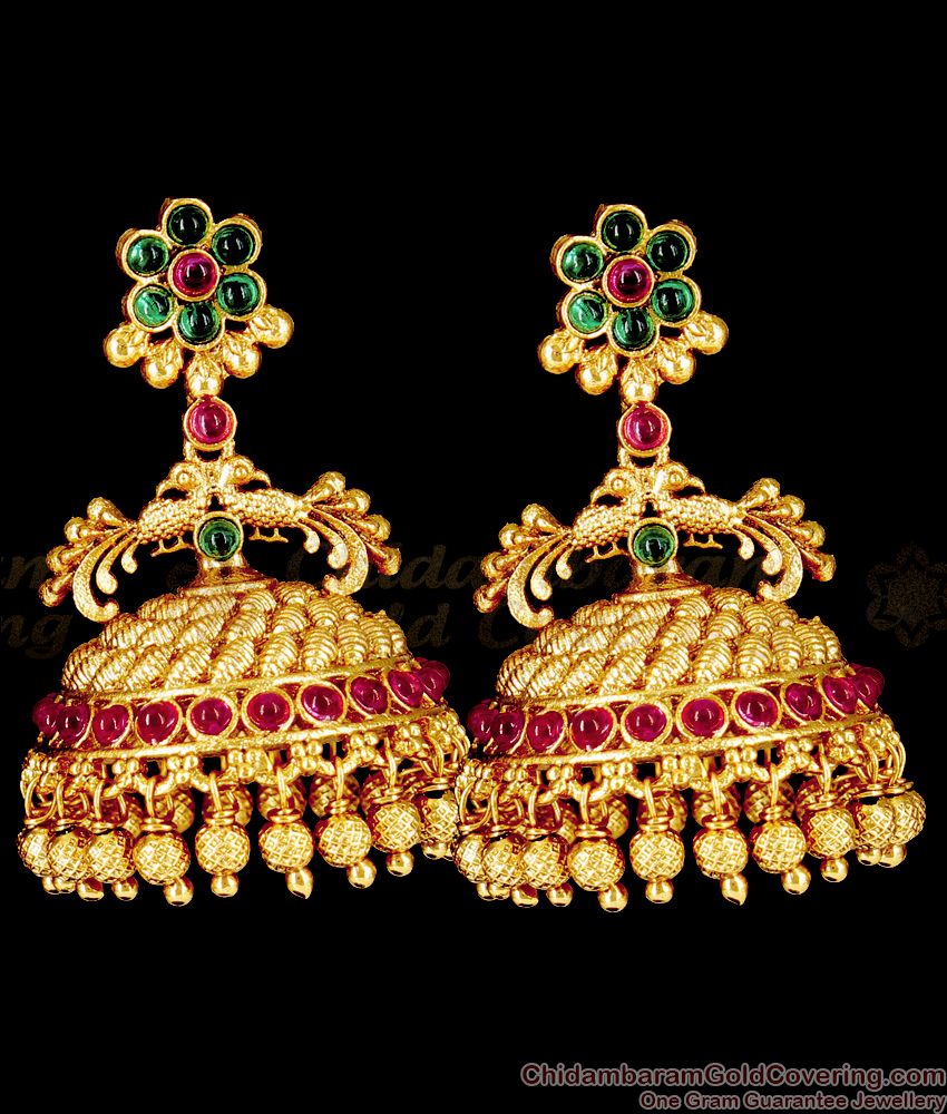 Premium Quality Peacock Temple Jhumkas With Multi Colour Kemp Stone Antique Earrings Collection Online ER2115