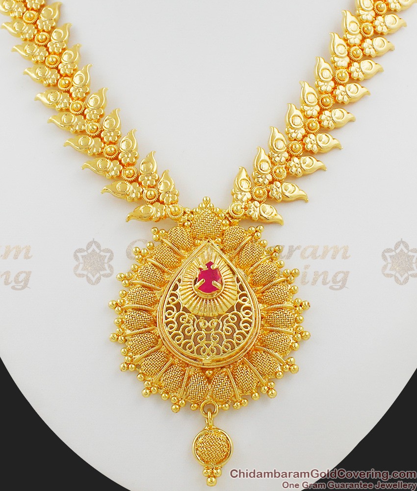 Dazzling Red Stone Bridal Wear Gold Necklace Design NCKN1033