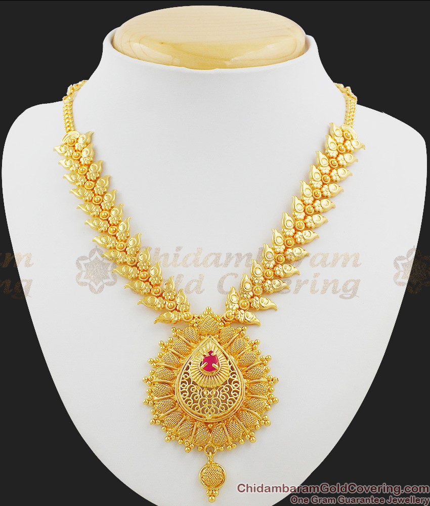 Dazzling Red Stone Bridal Wear Gold Necklace Design NCKN1033