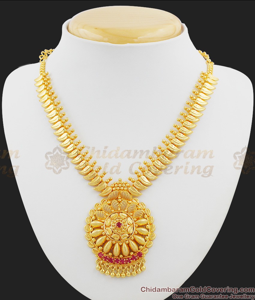 Gold Pattern Mango Leaf Ruby Stone Necklace NCKN1038